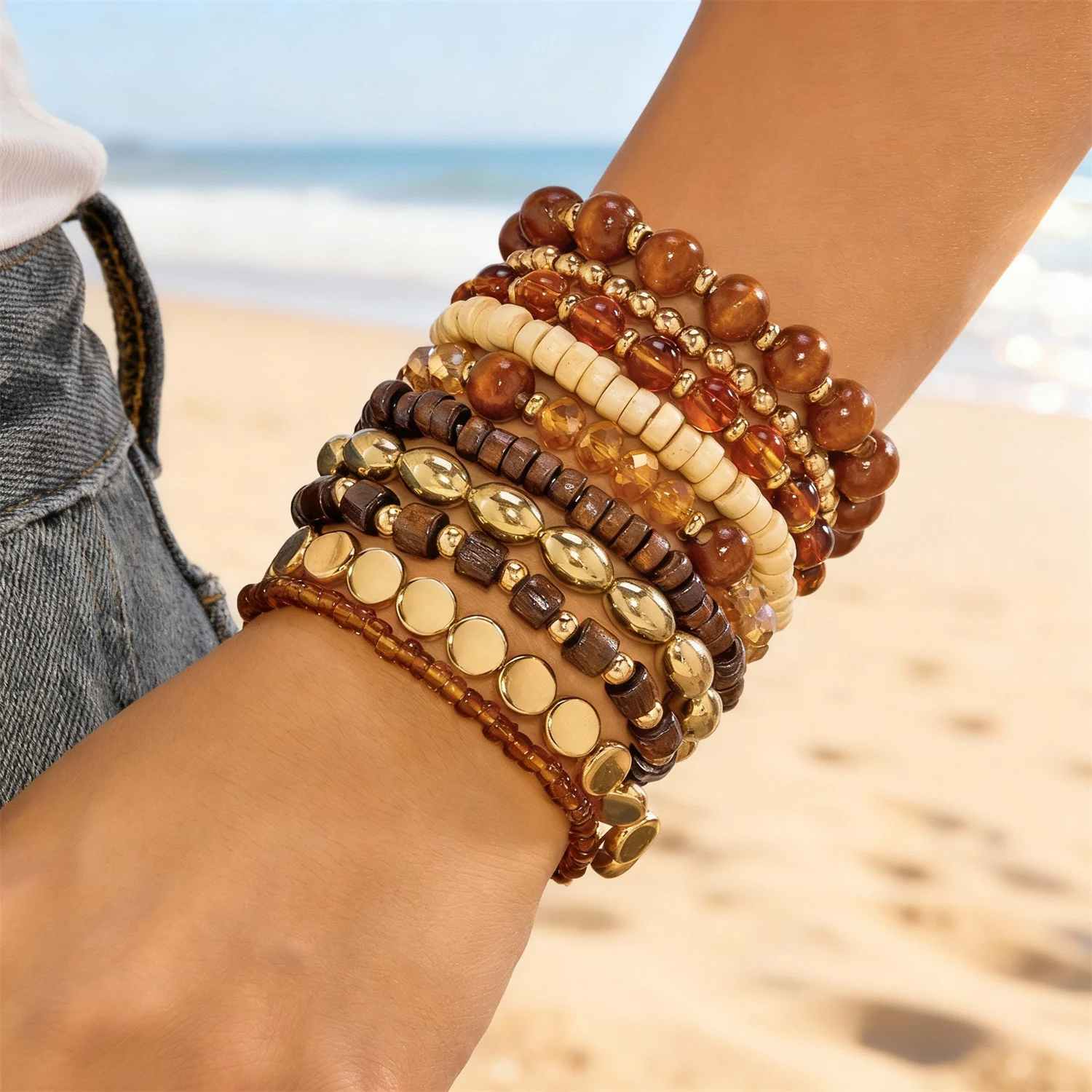 10 teile/satz Bohemian Chic Holz Perlen Mix Armband für Frauen Exquisite Kristall Kies Armbänder Freundschaft Schmuck Geschenke