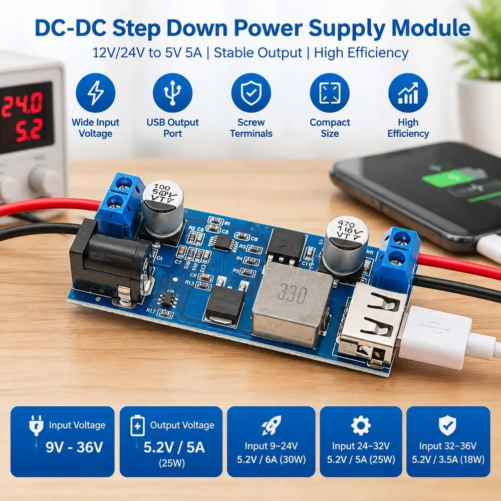 12V 24V to 5V Buck Converter 5A Output Compact DC-DC Step Down Module Voltage Regulator Overheat Protection Power Supply Module