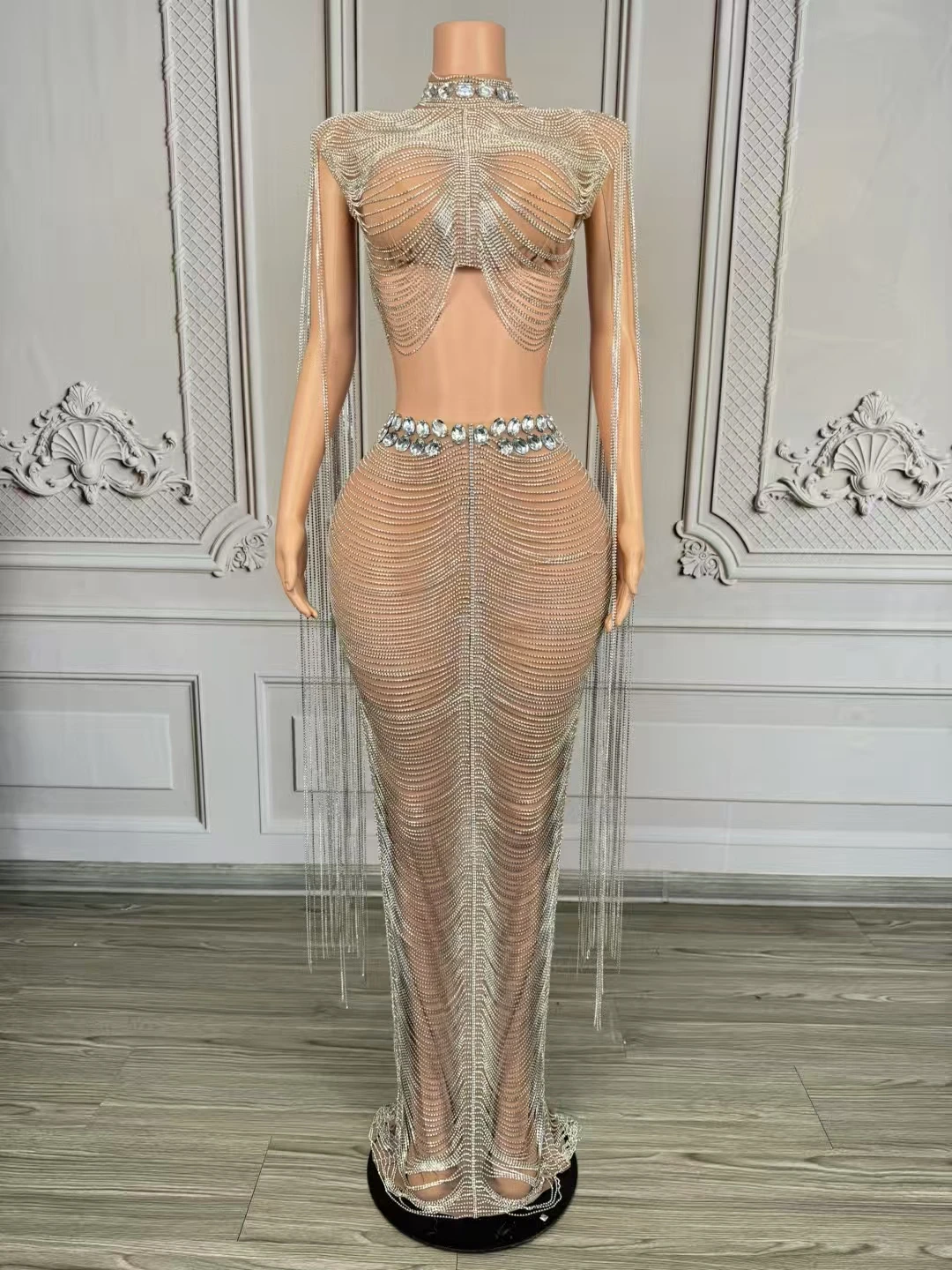 

Sparkly Diamonds Tassel Top Long SkirtSets Luxury Women 2-Pieces Party Outfit CelebrityNightclub Stage Performance Wear D193