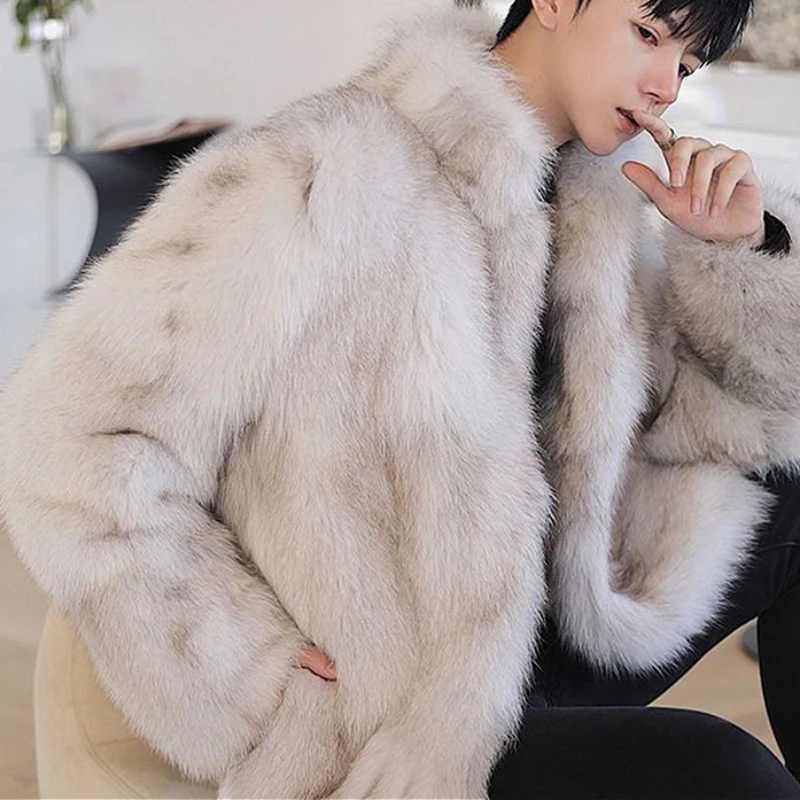 

Men Faux Fox Fur Coats Short Jackets Pocket Stand Collar Thick Warm Fur Casual Loose Fit Open Stitch Single Breasted 2025 Winter