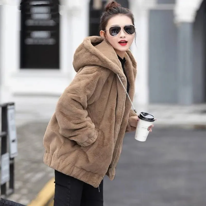 High-End Faux Fur Coat Fashion Add Velvet Thicken Rabbit Fur Hooded Women's Jacket 2023 NEW Autumn Winter Warm Casual Outerwear