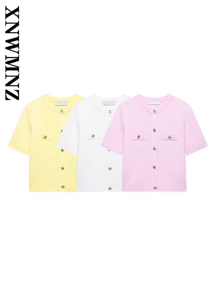 

XNWMNZ 2025 Summer New Women Clothing Casual Chic O-Collar Short Sleeve Knit Coat Simple Lady Short Sleeve Top Commuting Top