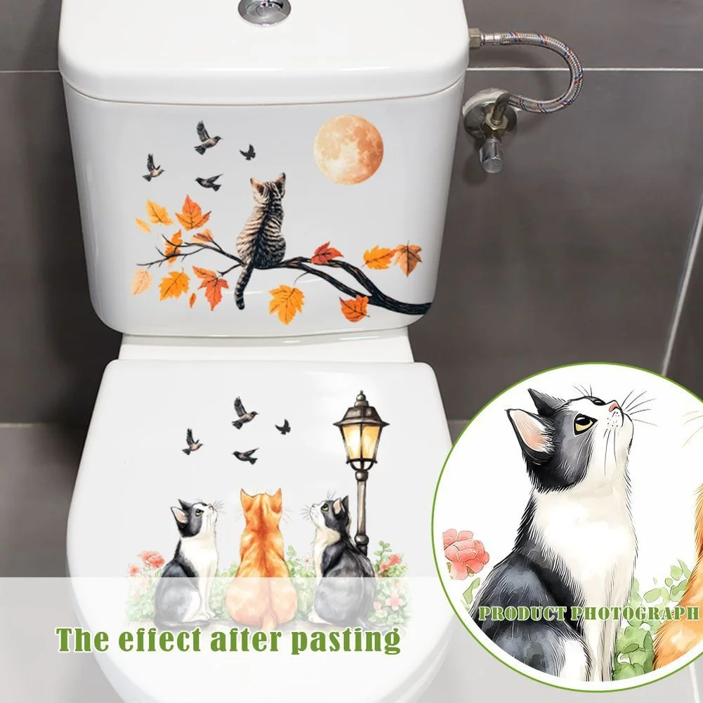 Artistic Cat Autumn Night Toilet Decal PVC Waterproof Wall Sticker for Bathroom Decor 27x24cm 27x19cm 40x29cm Orange