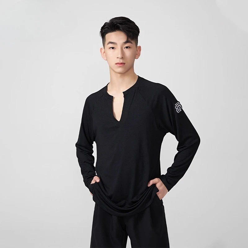 

Мужской костюм для латинских танцев по индивидуальному заказу, высококачественная профессиональная тренировочная одежда, свободные топы с длинными рукавами, наряд для выступлений