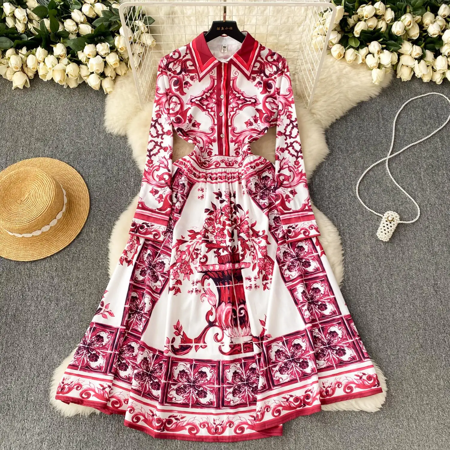 

2024 Runway Red Blue And White Porcelain Shirt Dress Women's Turn Down Neck Long Sleeve Floral Print Party Vestidos 8491