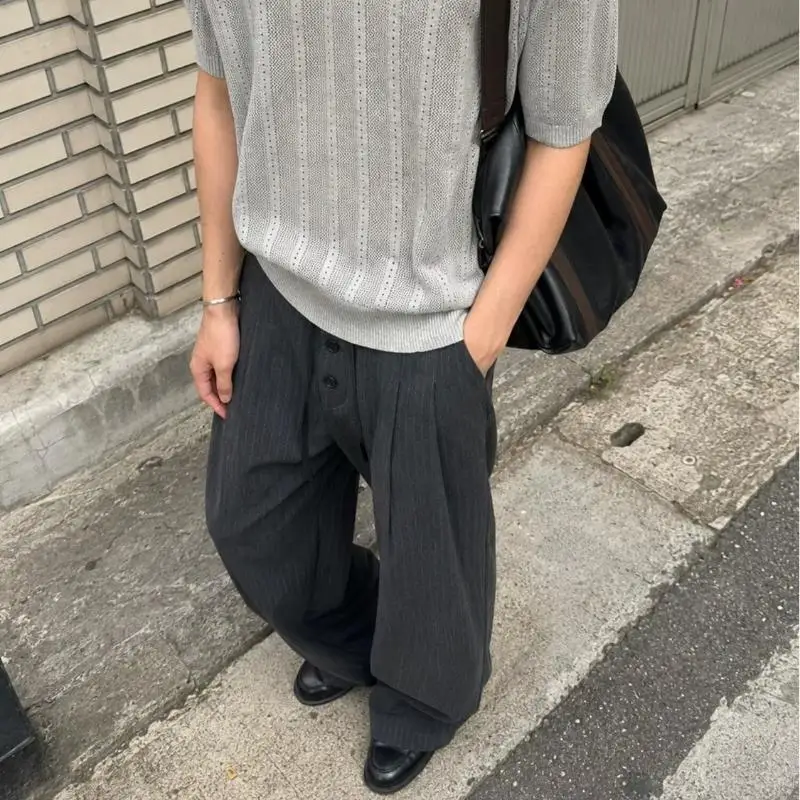Men's Double Waisted Striped Casual Trousers Vintage Boys Casual Pants Male Straight High Waist Wide Leg Commuter Sweatpants