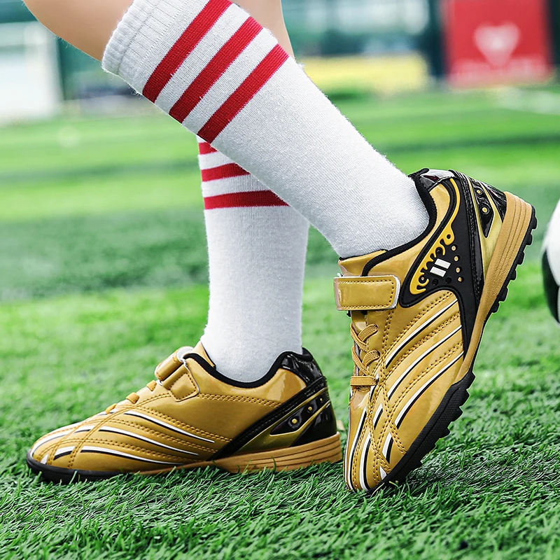 Luxury Gold Children Football Shoes Soccer Boots Kids for Boys Girls Teenager Sneakers Students Cleats Running Training Outdoor