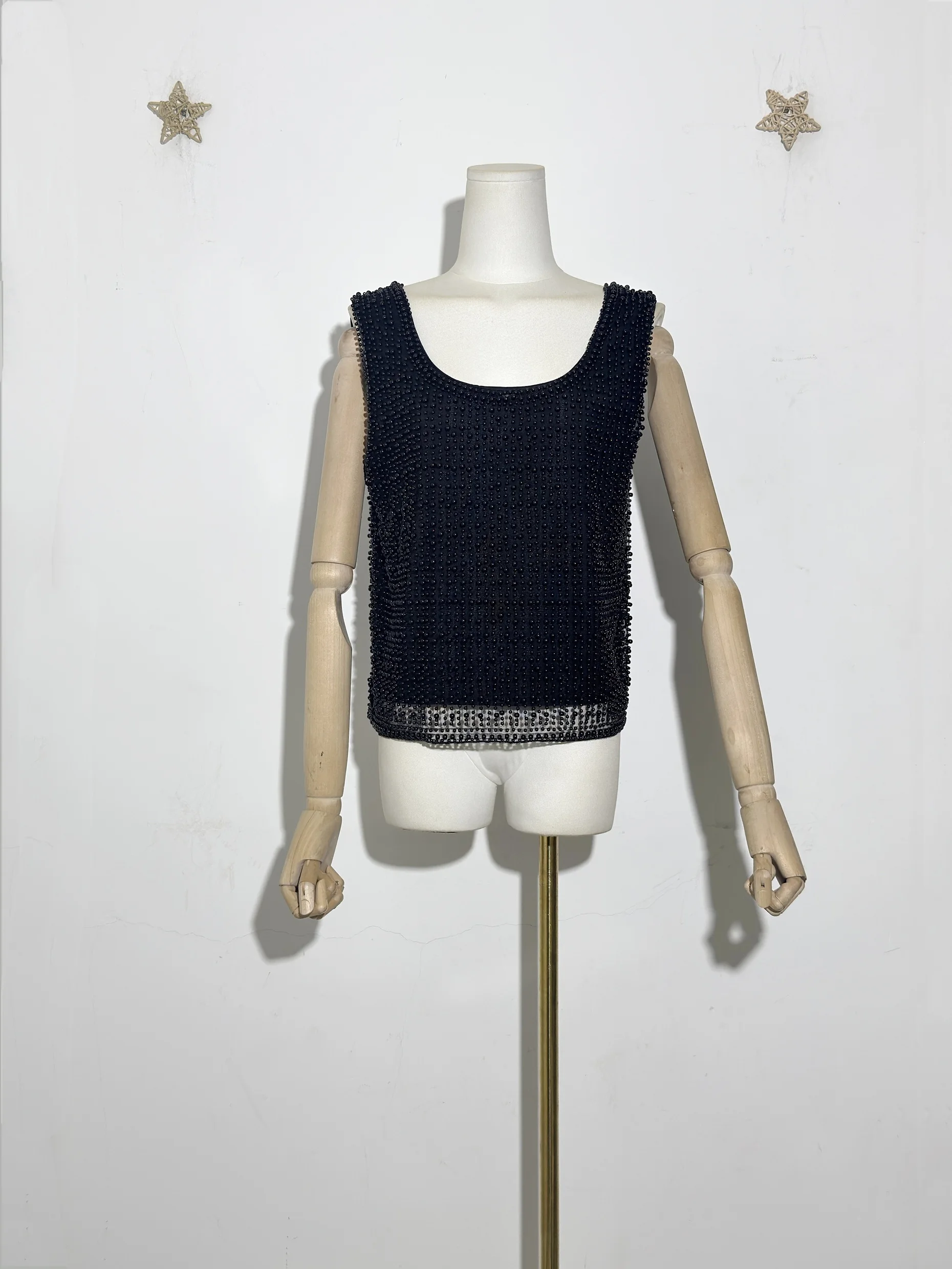 

Гламурный новый женский укороченный топ без рукавов из Европы и Америки с вышивкой жемчугом и бисером, уличная винтажная майка