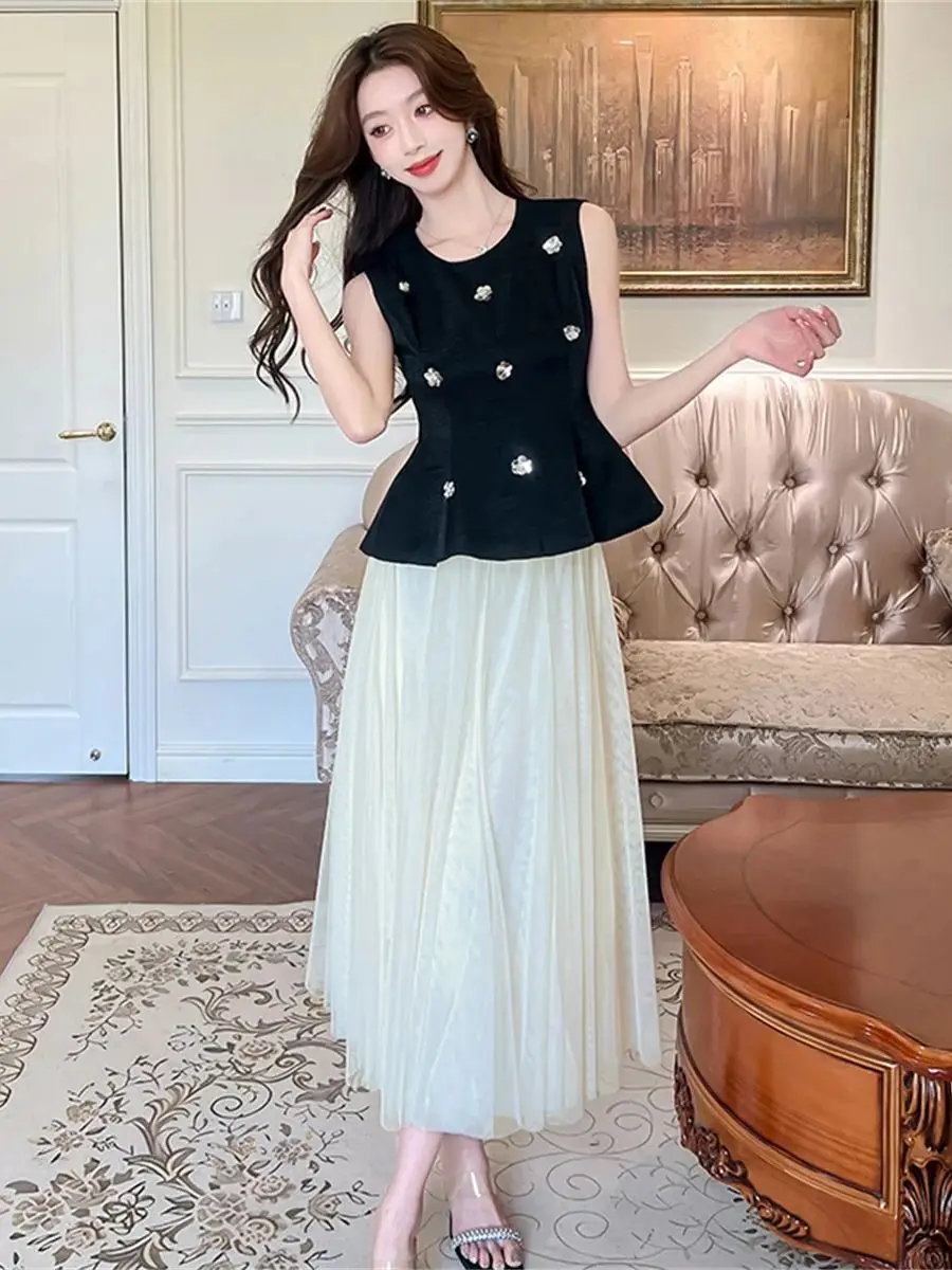 

Summer 2025 Elegant Fashion OL Sleeveless Jacket Two Piece Set Women's Skirt Outfit Conjuntos Femininos Elegantes 2 Piece Sets