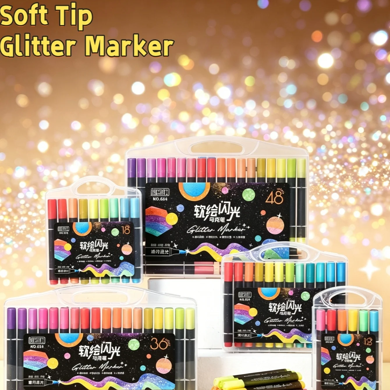 Glitter Marker Pens Set - 12/18/24/36 Colors Soft Tip Sparkle Shimmer for Student Highlighting Drawing Triangular A3418