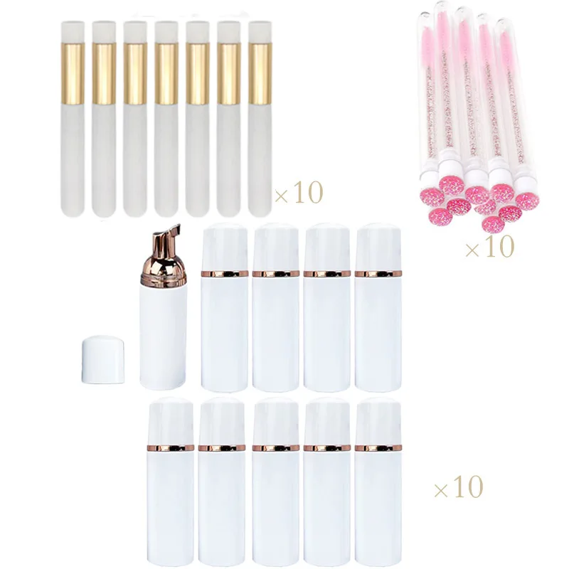 30Pcs 60ML Eyelash Shampoo  Bottle Set Including 10pcs Mascara Brush 10pcs Brush Empty Soap  Refillable Bottles  travel