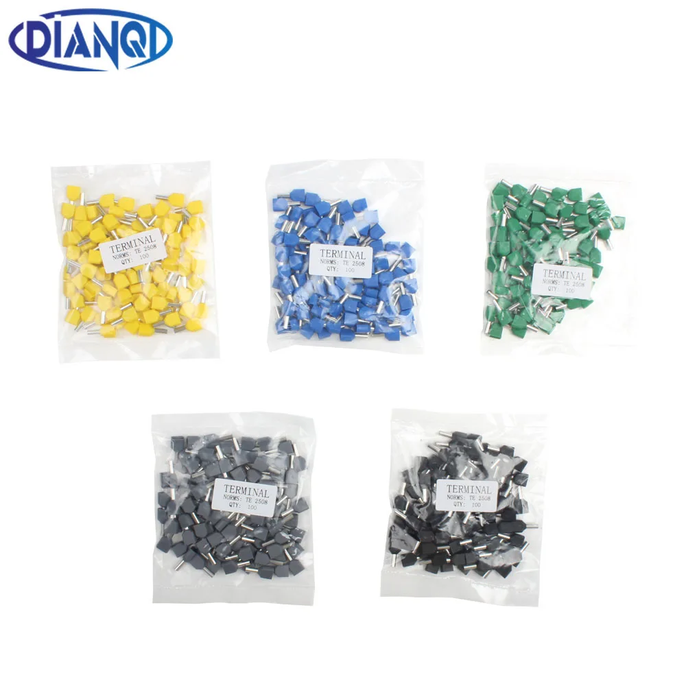 DIANQI TE2508 Two Pre-insulated Pipe-shaped End Cold pressed terminals/Cable Connector/Wire Connector 100PCS/Pack
