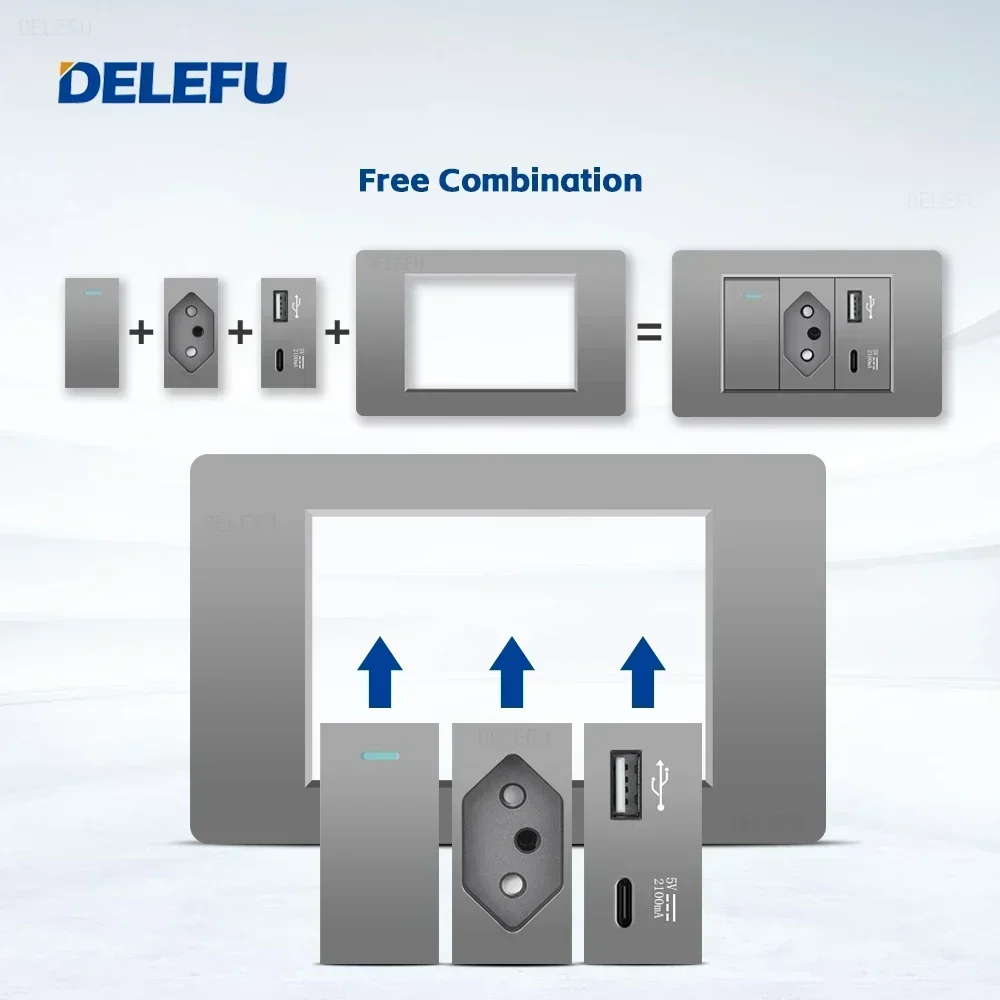 Delefu-ダブルUSBタイプC壁コンセント,灰色のPCパネル,ブラジルの標準出力,ライトスイッチ,家庭およびオフィスの電気プラグ,10a,20A