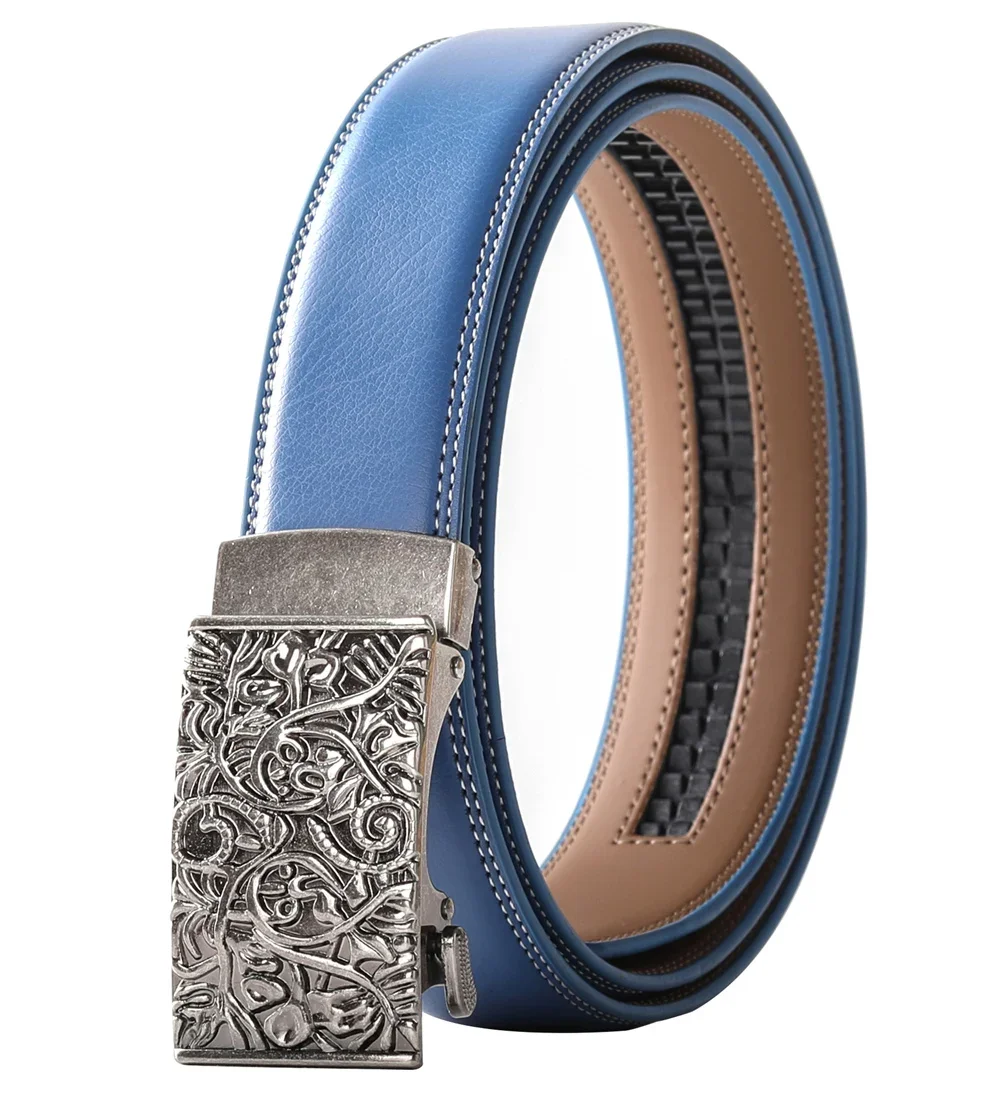 Blue Genuine Leather Belts For Men High Quality Automatic Belt Men Ratchet 2024 New Arrival 35mm Width Cinturones Hombre G188