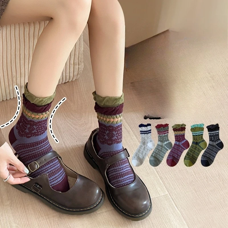 5 Pair Fashionable versatile Vintage Women's Socks Exquisite Ruffle Sweet Cute Print  Autumn Winter Casual women Socks