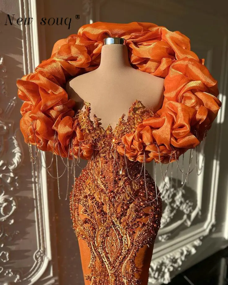 Extravagant African Inspired Orange Ruffles Evening Dresses For Weddings Gorgeous Black Girls Prom Gowns Cute Birthday Outfits