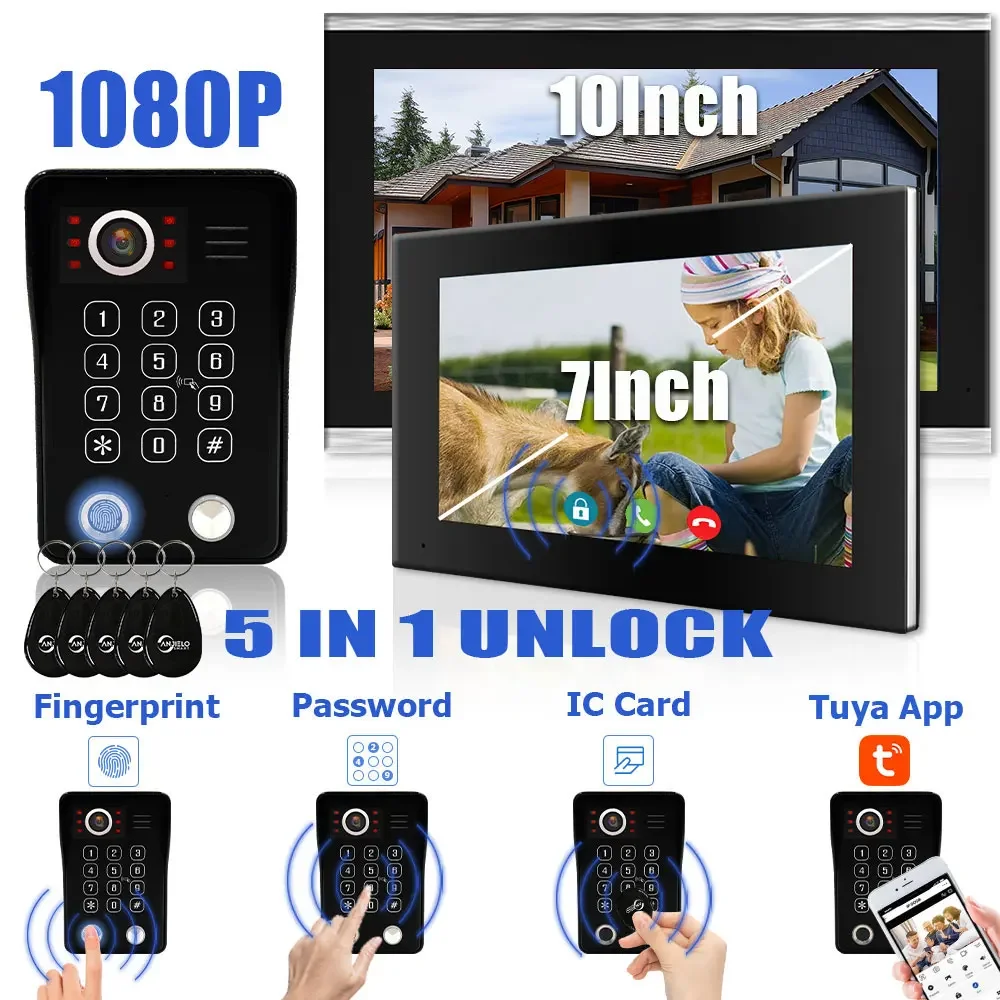 Fingerprint 5 in 1 Unlock Doorbell Video Intercom for Home Touch Screen Video Doorphone 1080P Tuya Security Protection 3 Monitor