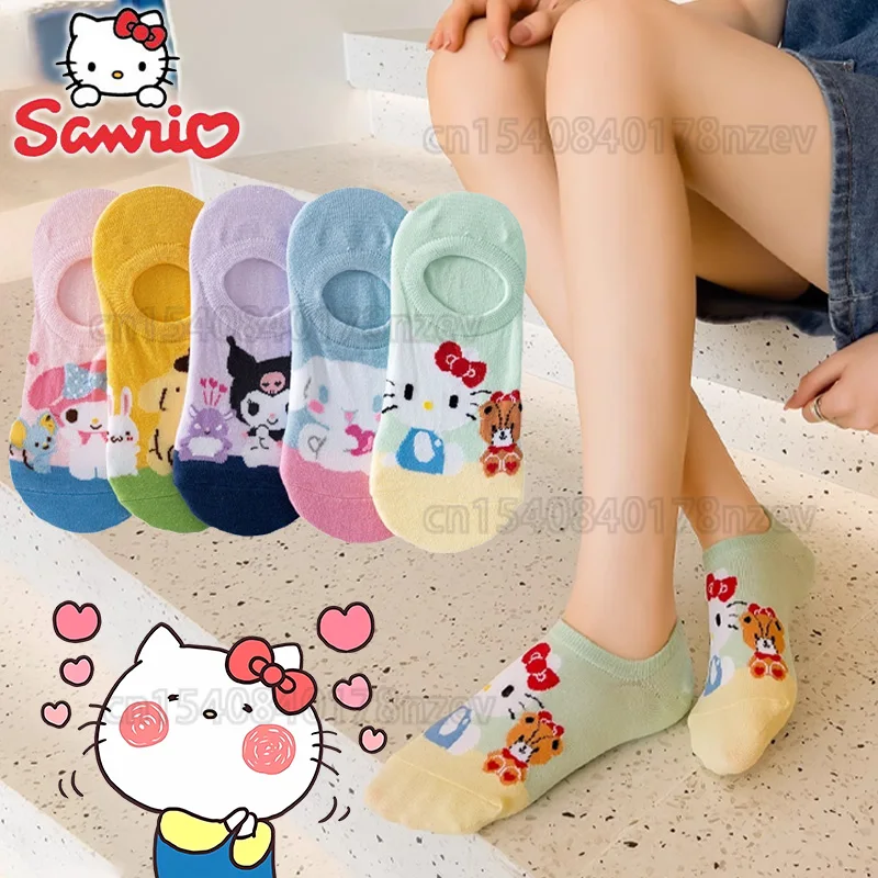 New Sanrio Socks Cartoon Lady Invisible Cotton Socks Kawaii Hello My Melodykitty Kuromi Non-slip Silicone Short Socks