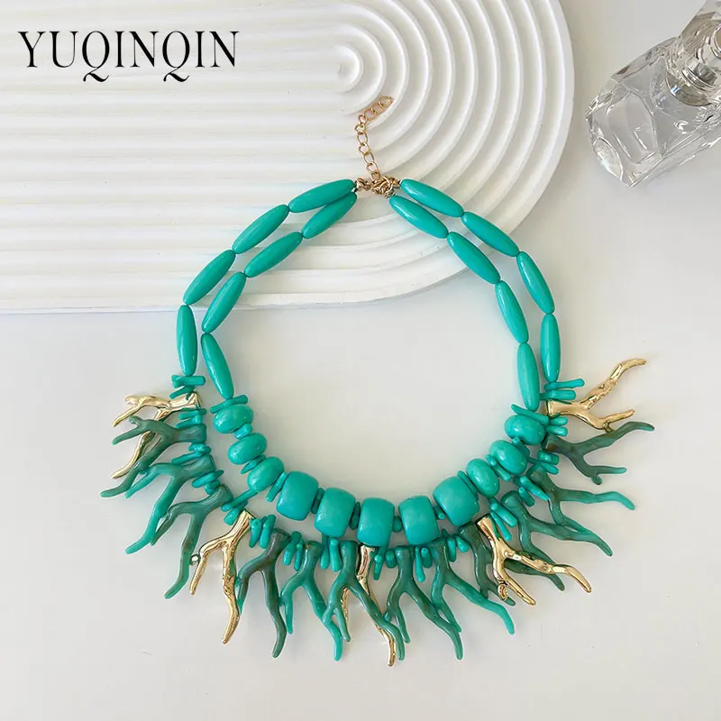 New Vintage Retro Bohemian Long Necklaces for Women Multilayer Red Coral Beads Thick Chain Pendant Necklace Big Fashion Jewelry