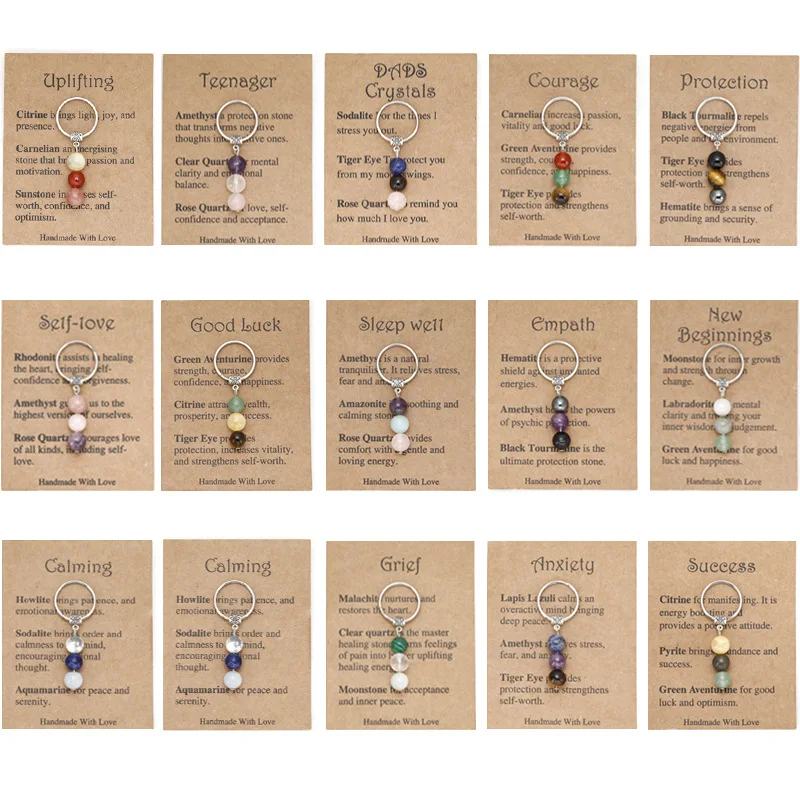 Natural Stone Beads Key Ring Chakras Healing Crystal Beaded Key Chain Keyholder Metal Keychain Bags Pendant DIY Accessories Card