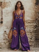 New Vintage Printed Floral Linen Suspender Wide-leg Jumpsuits Women 2025 Fashion V Neck Wide Leg Pants Outfits Female Streetwear