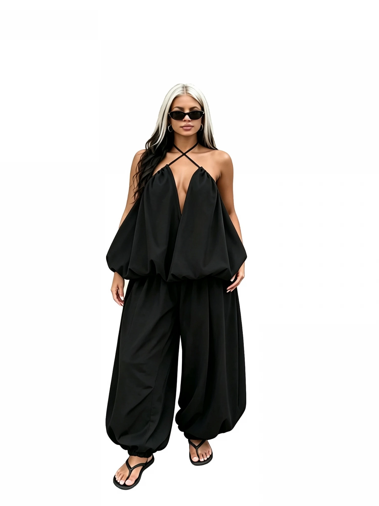 Women s 2 Piece Outfits Cross Halter Neck Sleeveless Tops and Balloon Pants
