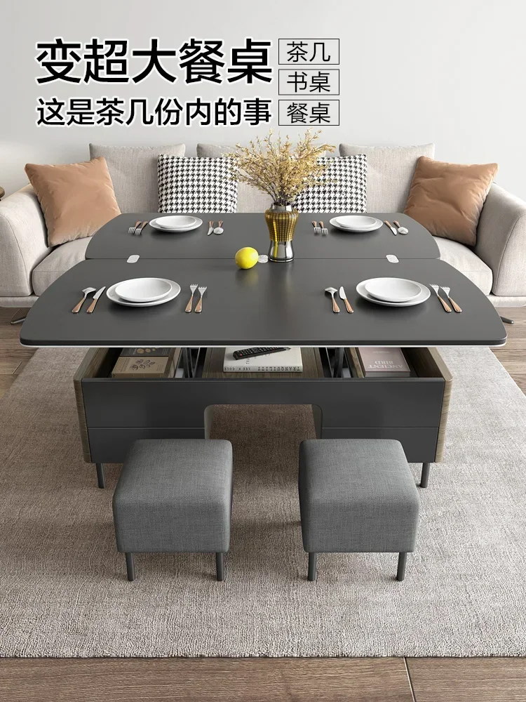 Multifunctional Stone Plate Lifting Tea Table Folding Dining Table Dual-Use Small Apartment Modern Minimalist Tea Table