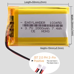 JST2.0 2P Silicone Wires Li-Ion Polymer Lithium Battery Lipo 103450 503040 502030 603048 503759 402030 602030 602530 102540