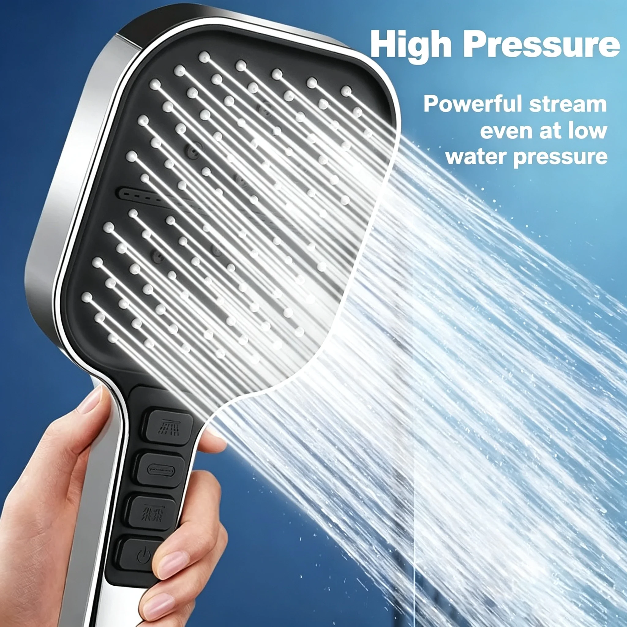 Matte Black Hand Shower Head Square Large Surface Multi-Functional Bathroom Handheld Sprayer with Stop Switch for Daily Bath