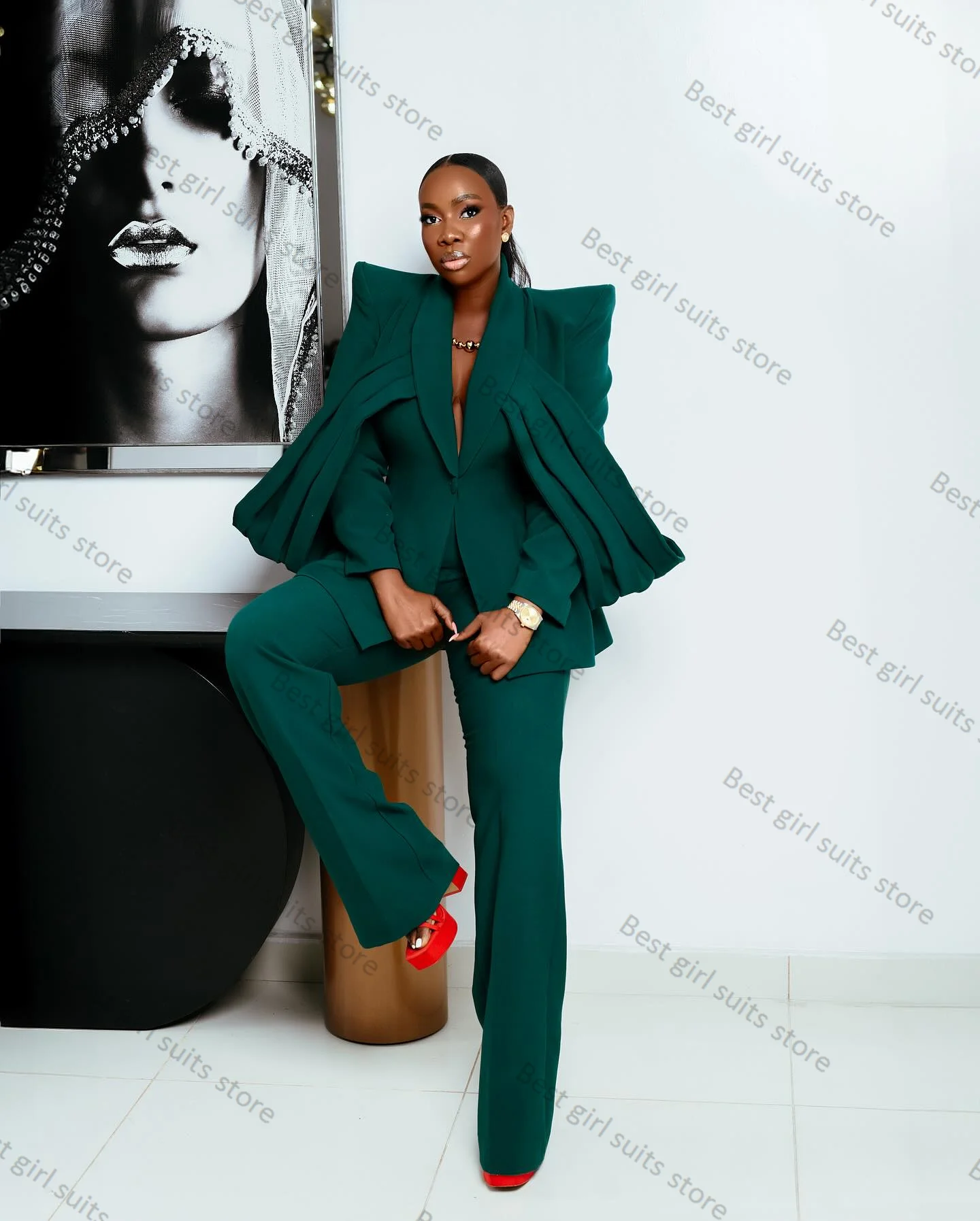 

Green Women Suit Pants Set 2 Piece Blazer+Trousers Formal Office Lady Jacket Strap Sleeves Customized Wedding Tuxedo Prom Coat