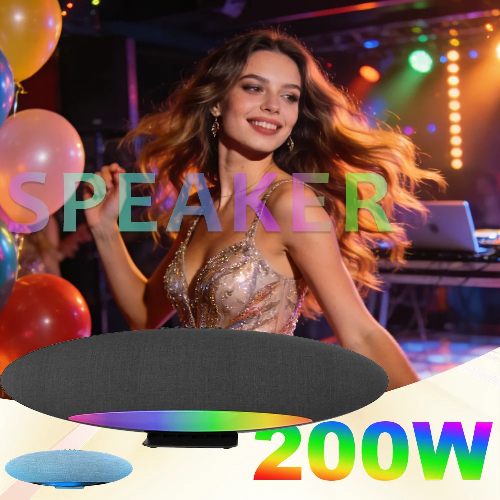 

Мощная колонка 200 Вт с RGB-подсветкой, панорамным звучанием 360°, беспроводным сабвуфером и поддержкой USB/TF/AUX