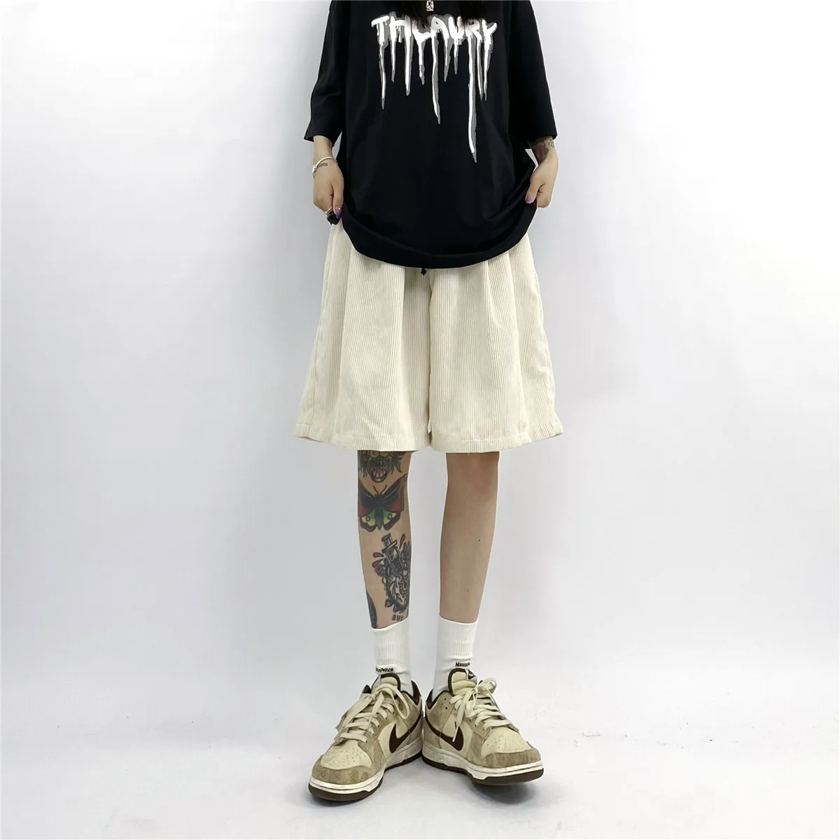 Boy Men Corduroy Straight Shorts Couple Lovers Streetwear Hip Hop Shorts Knee Length Loose Dance Party Club Summer Short Pants