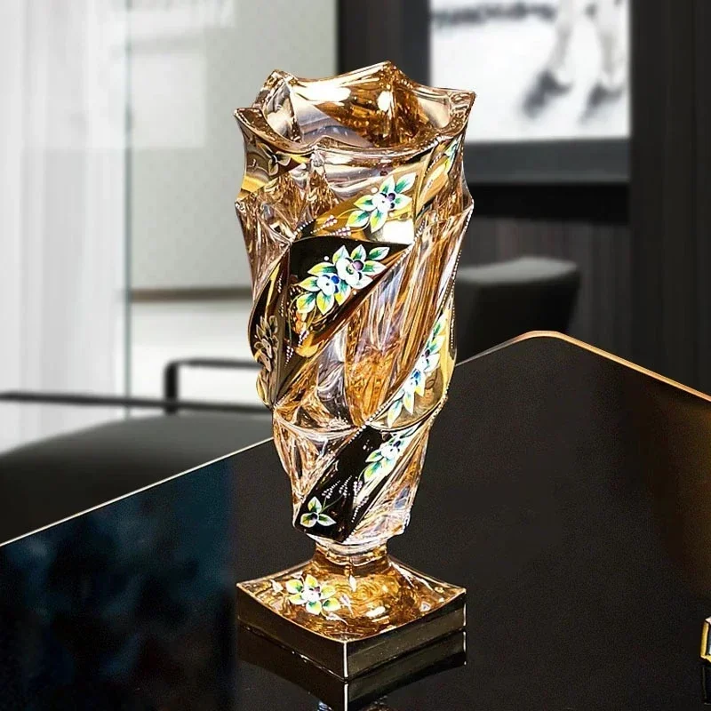 Hand-painted gold enamel vase crystal glass home jewelry dried flowers high-end living room ornament light luxury