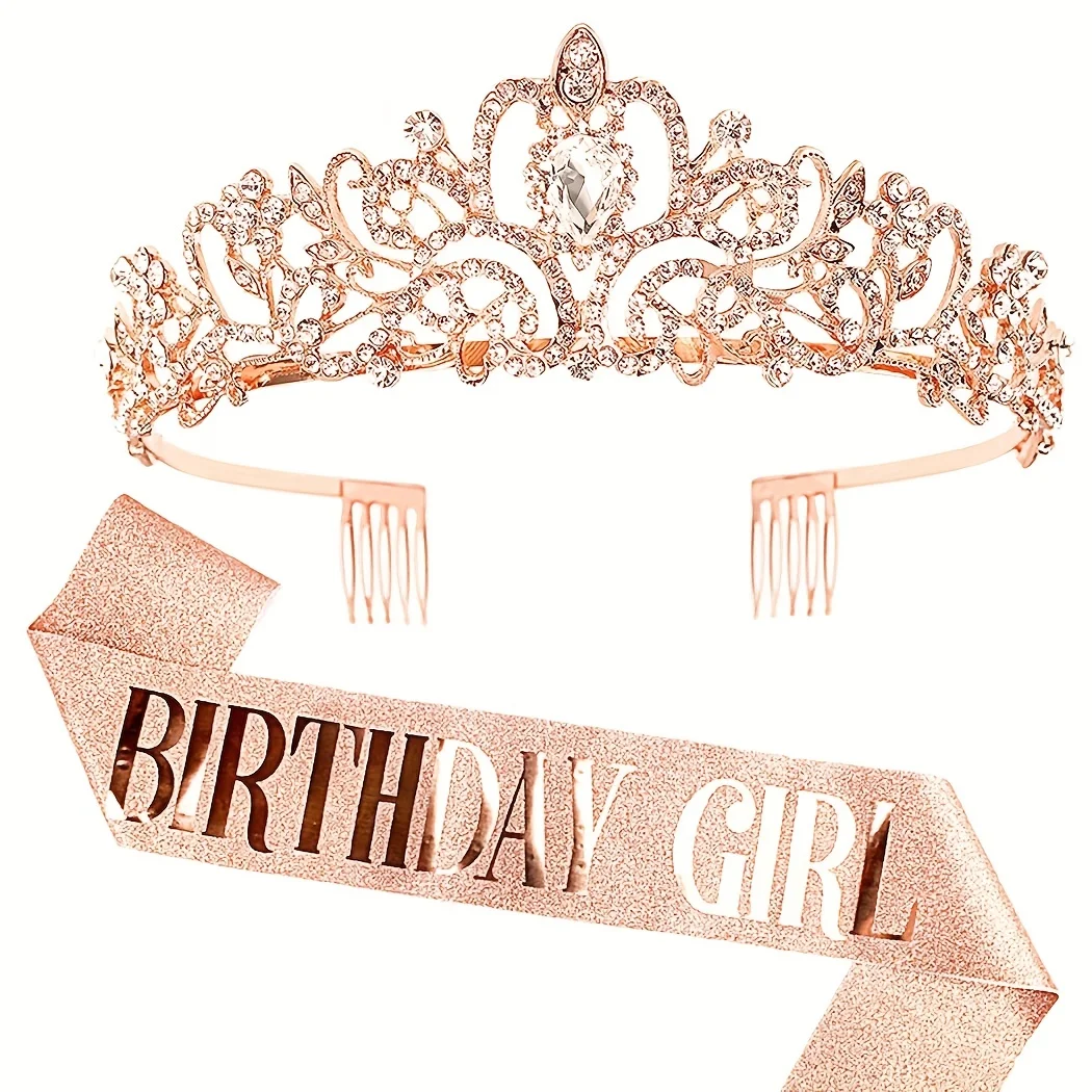 Bling Rhinestone Crystal Crown Tiara Birthday Girl Queen Sash and Crown for Women Birthday Party Decoration Kit