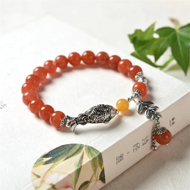 Natural South Red Single Ring Bracelet S925 Silver Bracelet Female As Fish Spike Crystal Retro Bead String Girlfriend Hand Rope