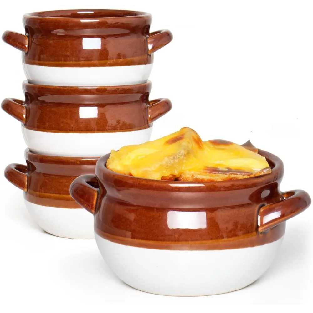 

4pcs 16oz French Onion Soup Bowls with Handles – Oven Safe Ceramic Crock Bowls for Stew Chili Pot Pie, Brown (Set of 4)