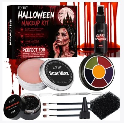 Halloween SFX Special Effects Makeup Kit, Includes 60g Scar Wax, 50ml Fake Blood Spray, 30g Scab Blood Paste, 6‑Color Face Paint