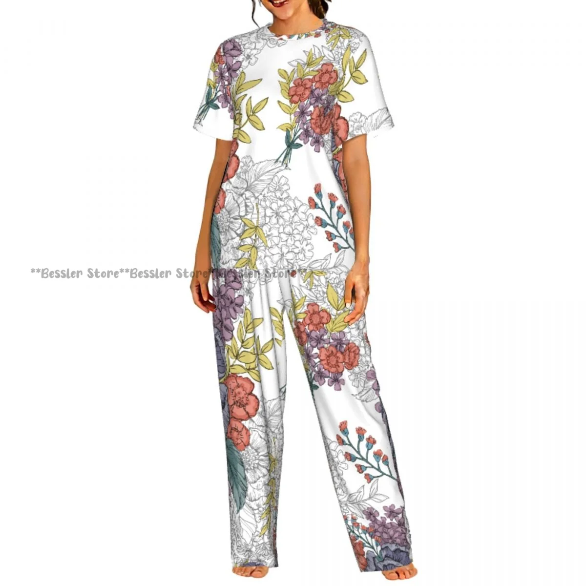 

Women's Hand Drawn Floral short sleeve trousers casual pajamas set