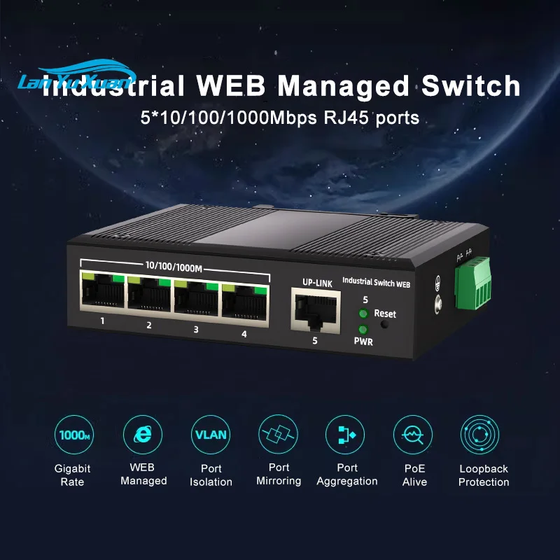 5 Port Gigabit Industrial Managed POE Switch RJ45 Web Managed DIN Rail Mount Ethernet Switch IEEE802.3af/at/bt for IP Camera