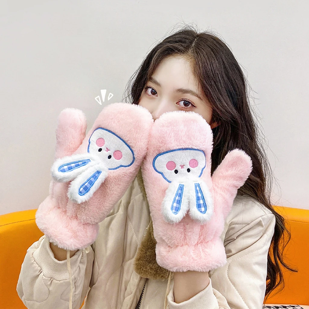 

Embroidery Rabbit Soft Plush Gloves Women Winter Warm Thicken Fingerless Mittens Girls Students Outdoor Warmer Gifts Hand Guards