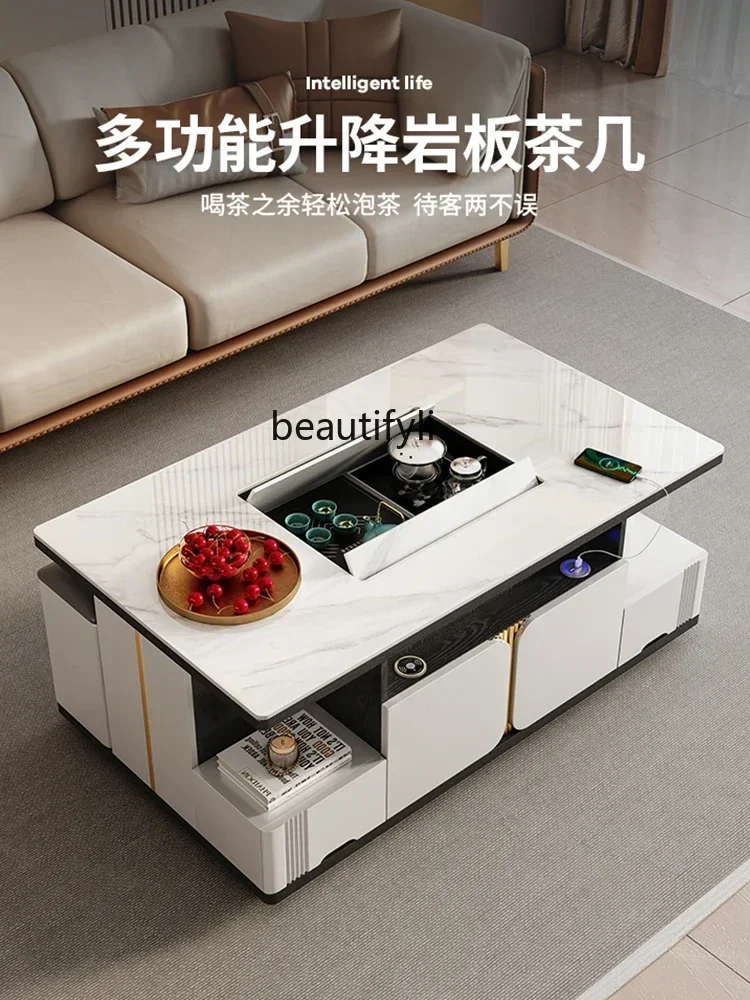 

y Fully automatic lifting rock plate kung fu tea table tea brewing all-in-one light luxury modern multi-function smart tea table
