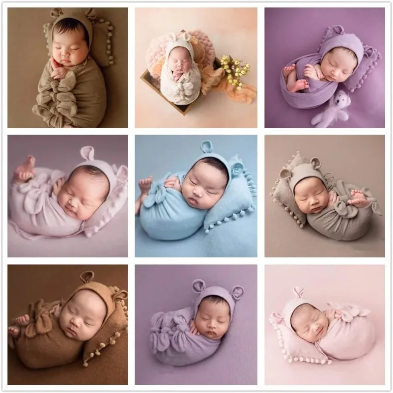 مجموعة دعامة صور للأطفال مكونة من 3 قطع - لفافة قماط + أداة مساعدة + قبعة - زي تصوير لحديثي الولادة للأولاد والبنات - موضوع الدب والقوس 0-6 أشهر