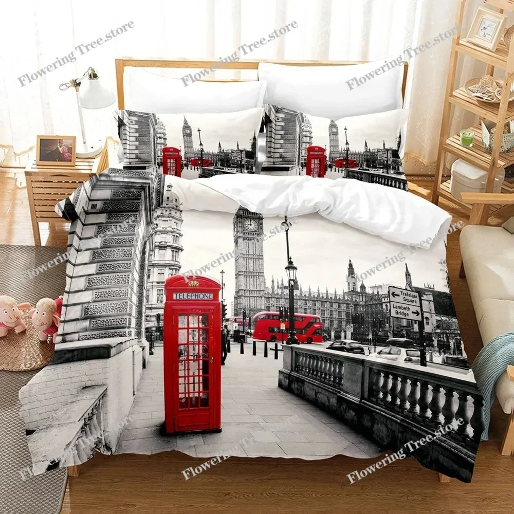 Eiffel Tower Duvet Cover Set King Queen Size Europe City Building Theme Flower Polyester Quilt Cover for Teens Kids Bedding Set