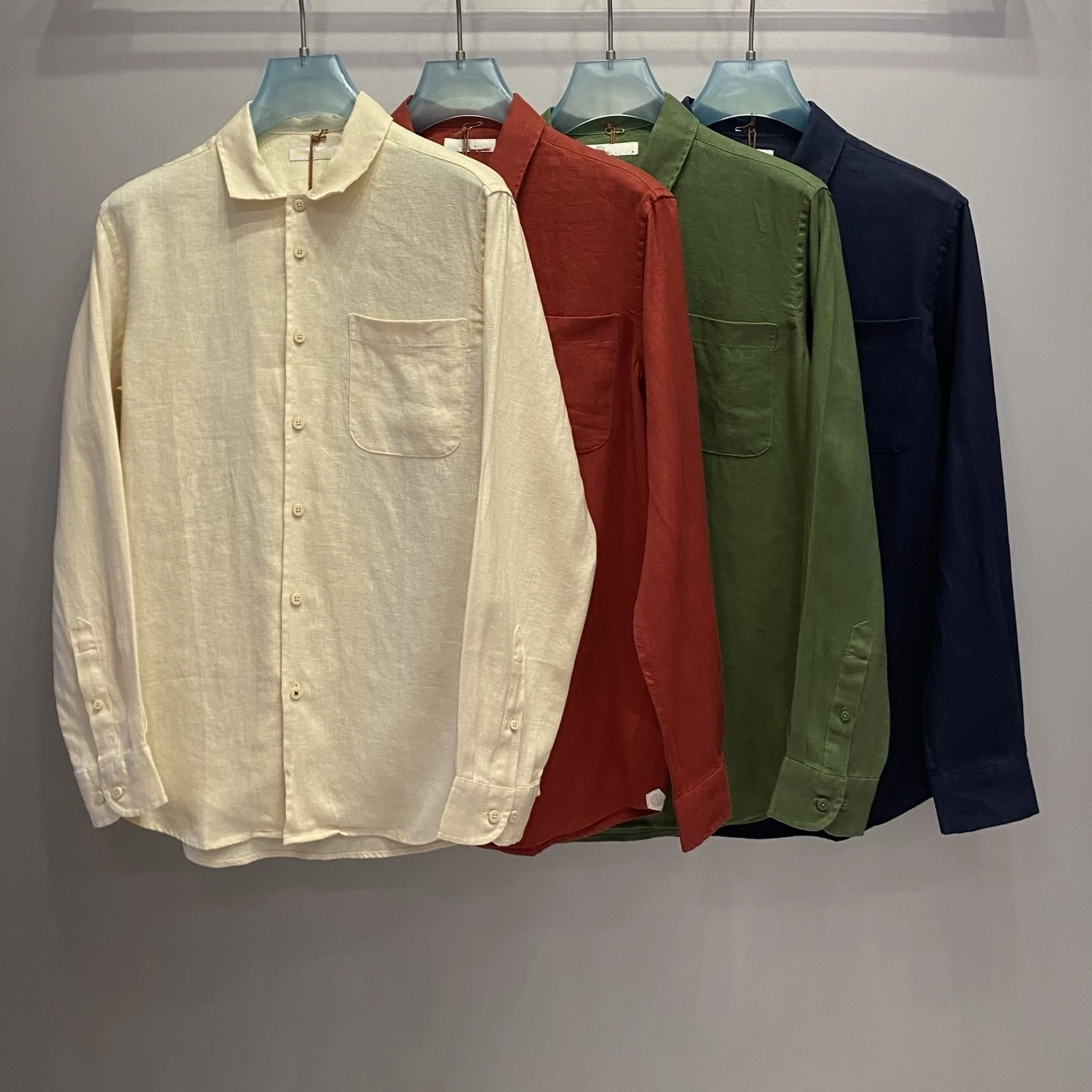 

Italian LP Men's Summer New Solid Color Bust Pocket Shirt Men's Linen Casual Lapel Long Sleeve Shirt