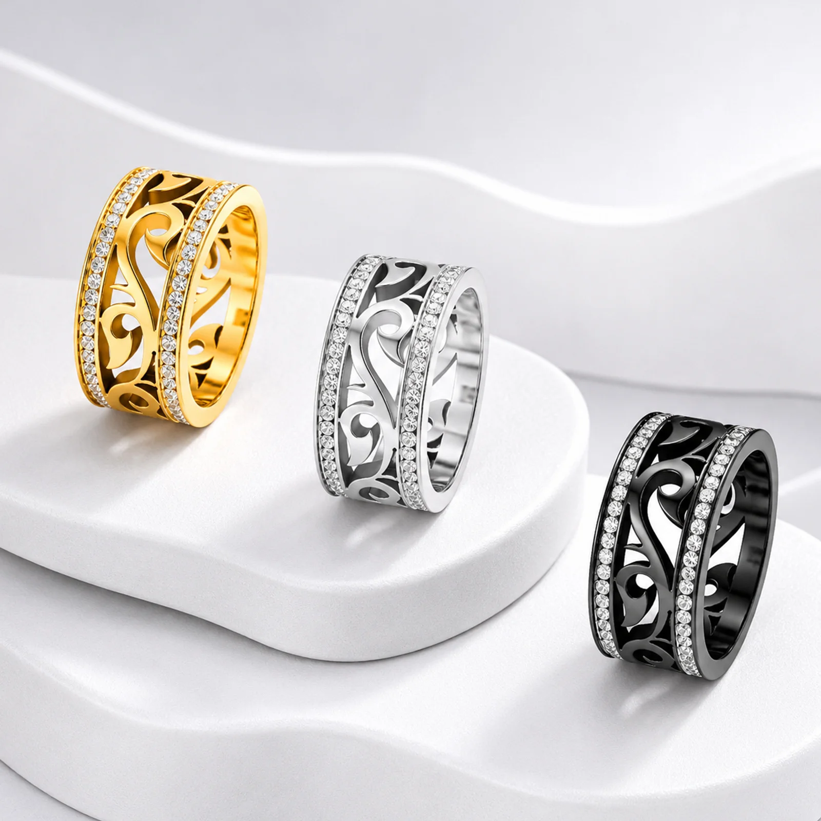 Kissmoon Punk Wide 10mm Zircon Ring for Women Men Stainless Steel Hollow Vine Filigree Finger Ring Statement Couple Jewelry Gift