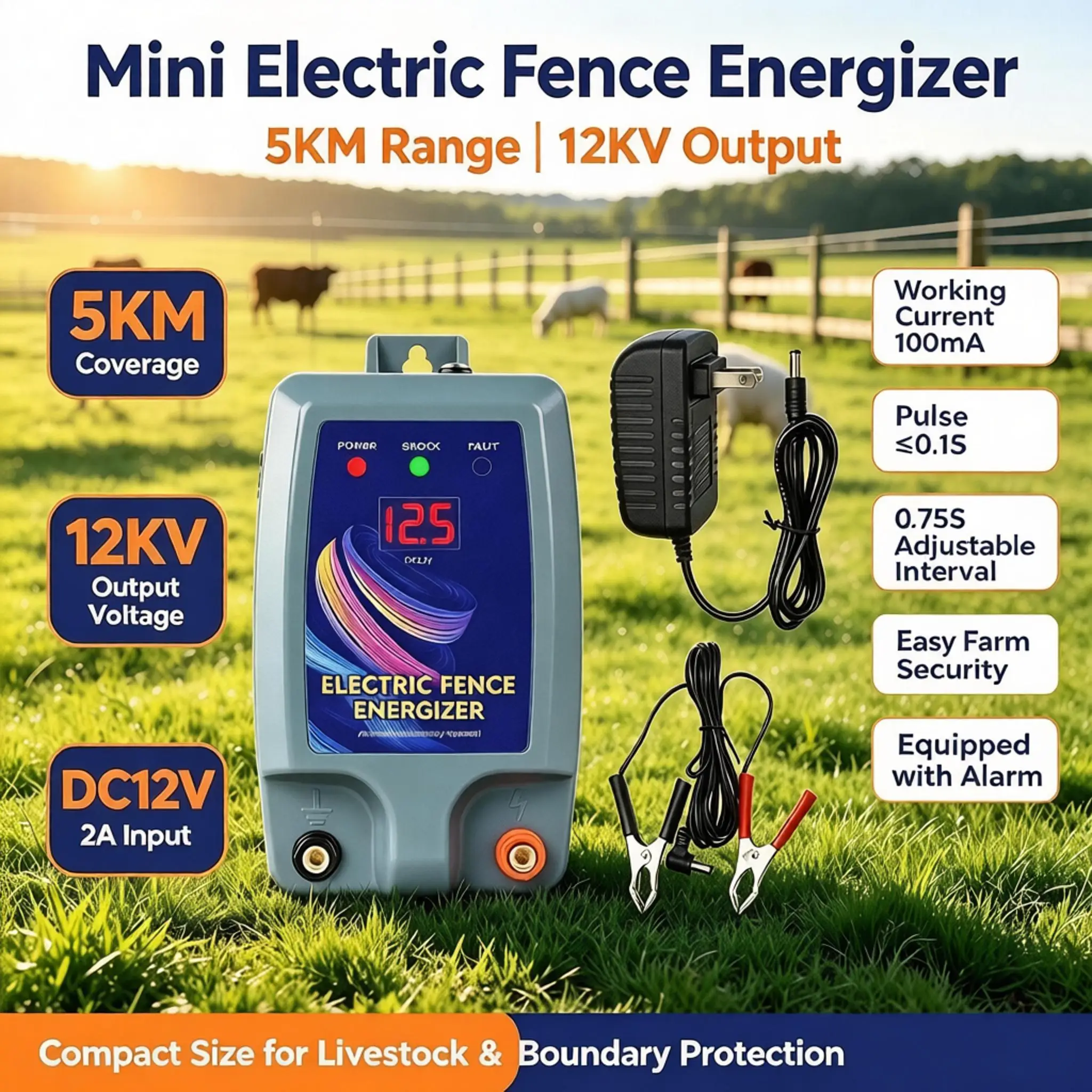 5KM 1.5J Grey Electric Fence Energizer Multi-Scenario Protector for Grassland Pasture Cattle Sheep Horse