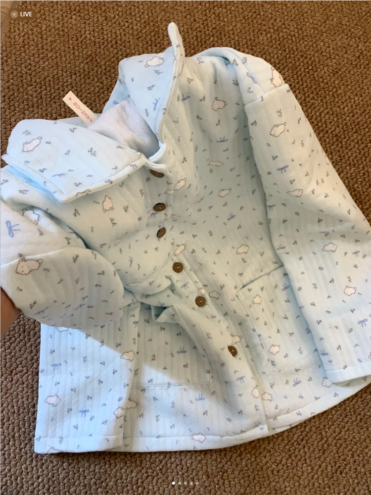 Thickened Air Cotton Floral Sleepwear Set for Girls Home Clothes Cardigan Style Can Be Worn outside Soft Warm Home Clothes