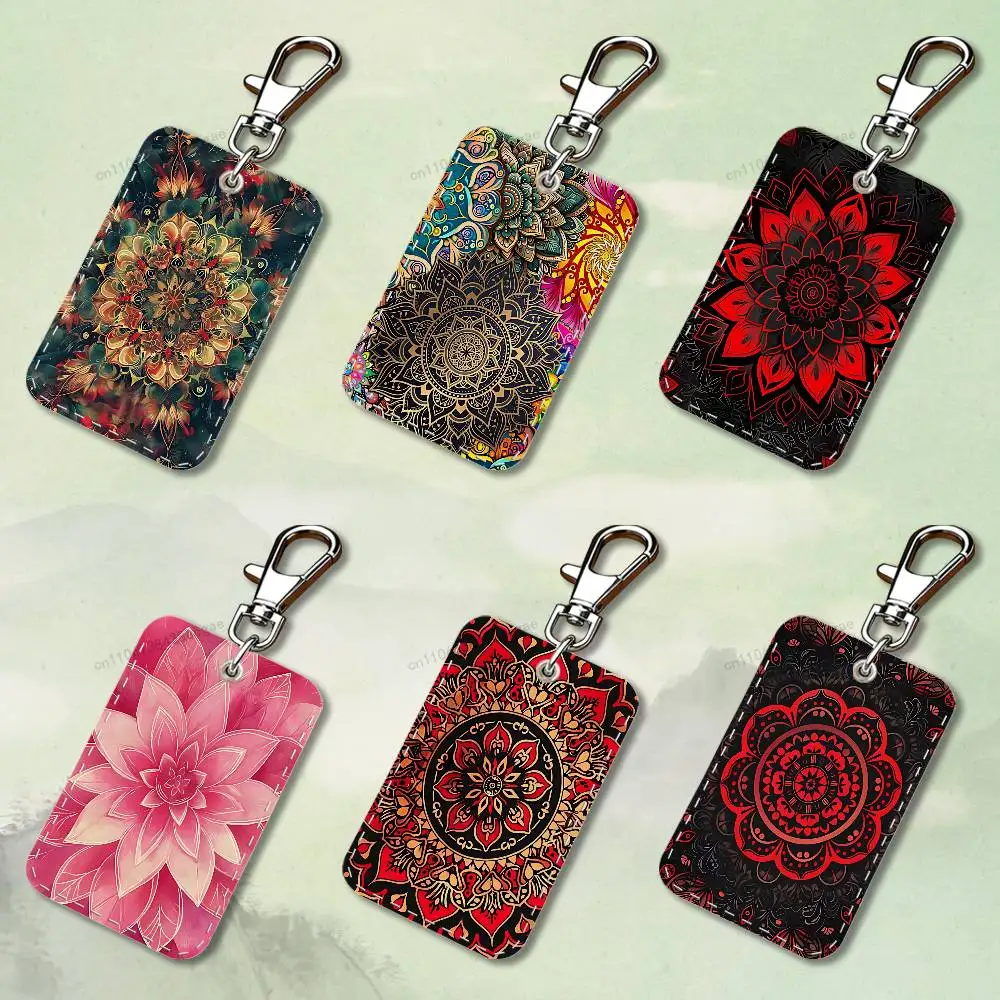 

Beauty Mandala Art Totem Rectangle Card Case Keychain Access Card Bag Key Tag Ring Leather Card Holder Key Ring Access