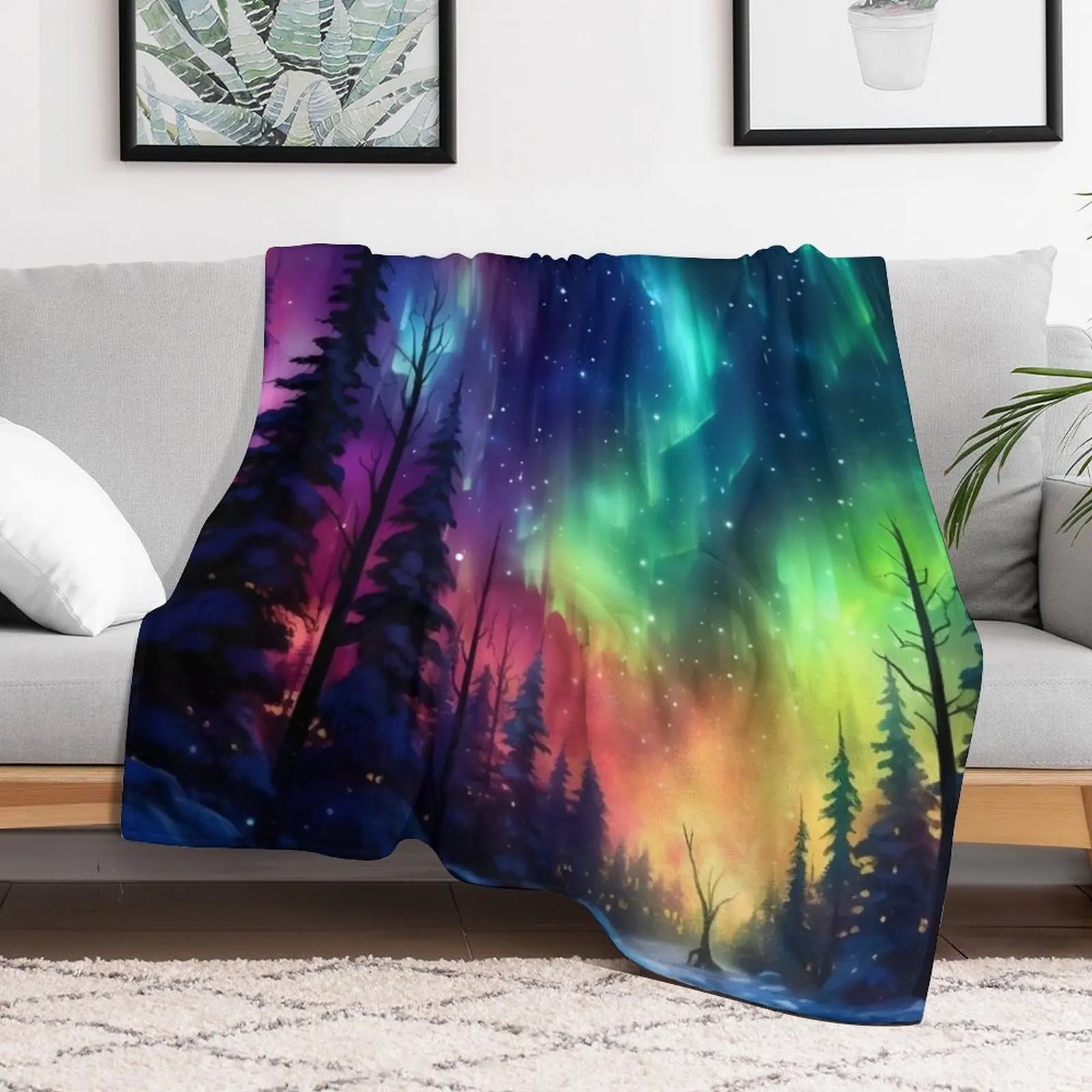 Aurora Borealis Enchanted Glowing Neon Forest Throw Blanket