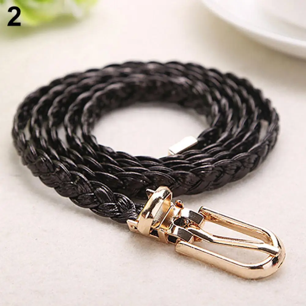 Women Braided PU Leather Narrow Thin Buckle Strap Waist Belt All-Match Waistband Female Thin Belts Ladies Dress Skirt Decoration